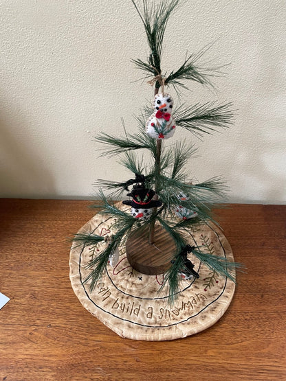 Christmas Holiday 12&quot; Primitive Feather Tree w/ Handcrafted Snowman Ornaments and Mat - The Primitive Pineapple Collection