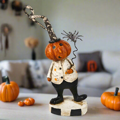 Folk Art Halloween 6&quot; Resin Pumpkin Man Holding Black Spider Figurine - The Primitive Pineapple Collection