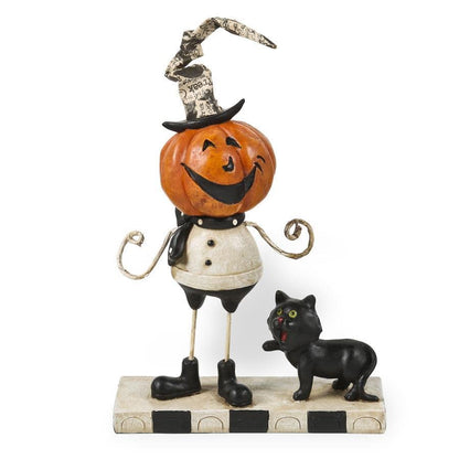 Folk Art Halloween 7.5 Inch Resin Pumpkin Man w/Black Cat - The Primitive Pineapple Collection