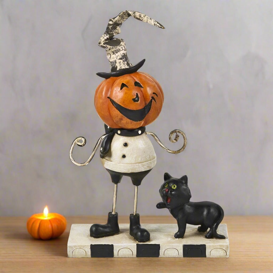 Folk Art Halloween 7.5 Inch Resin Pumpkin Man w/Black Cat - The Primitive Pineapple Collection