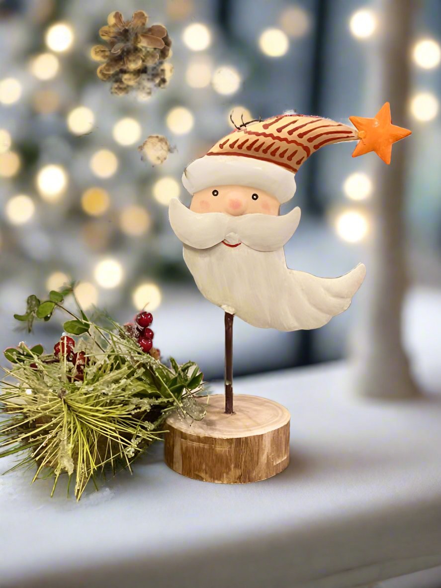 Primitive Christmas 9.75" Distressed Metal Santa on Wood Base - The Primitive Pineapple Collection