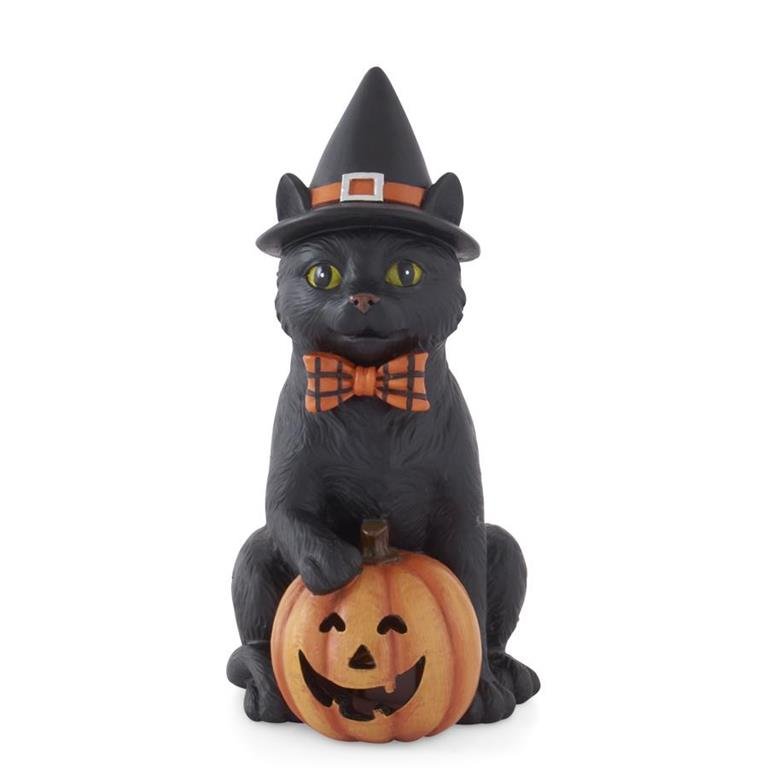 Folk Art Halloween 7.5 Inch Black Resin Cat w/Witch Hat &amp; LED Jack O Lantern - The Primitive Pineapple Collection