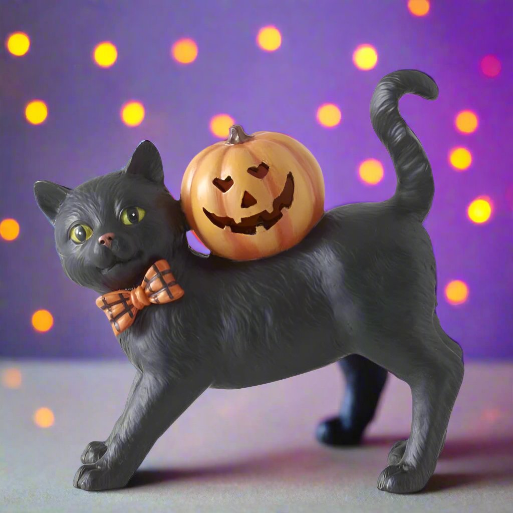 Folk Art Halloween 6.75 Inch Black Resin Cat w/Bow Tie LED Jack O Lantern - The Primitive Pineapple Collection