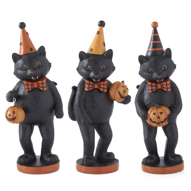 Folk Art Halloween 9.25 Inch Black Resin Cat Figurine w/Party Hat 3 Styles - The Primitive Pineapple Collection