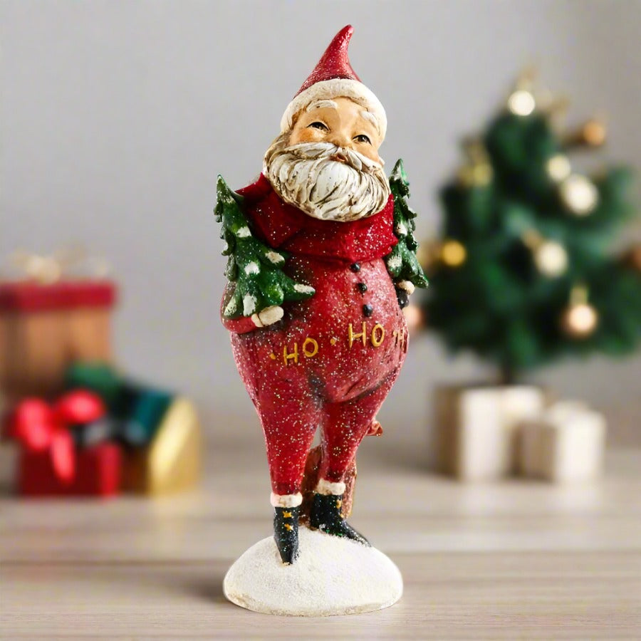 Primitive Vintage look Christmas 8.5” Ho Ho Ho Resin Santa with Tree Figurine - The Primitive Pineapple Collection