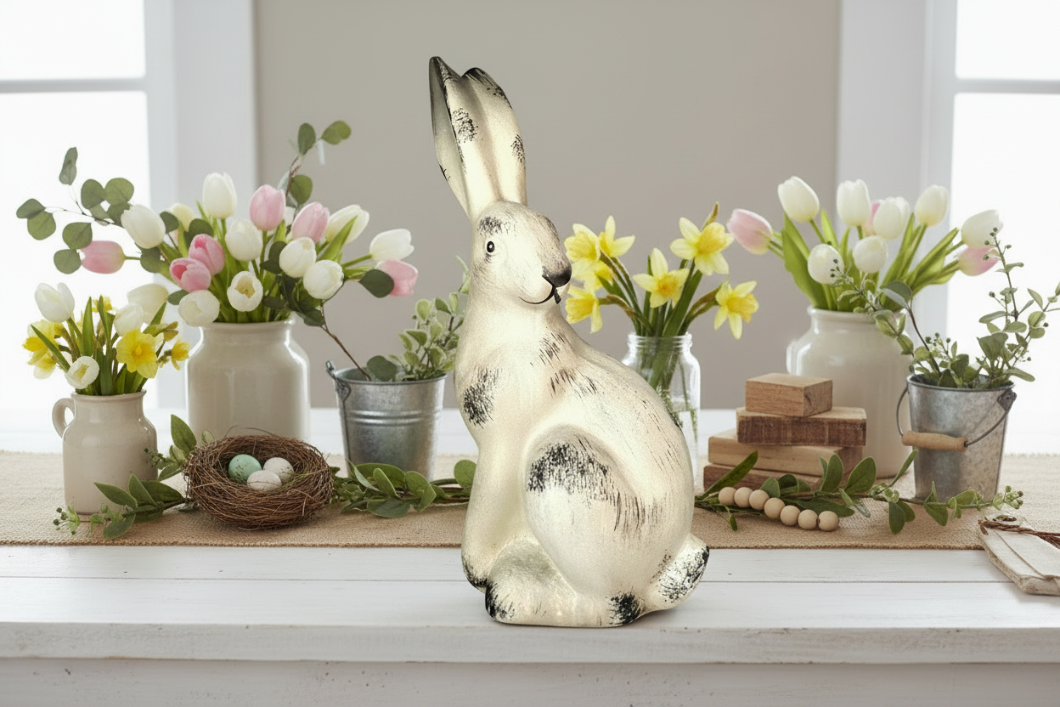 Primitive Farmhouse Spring 8" Terra Cotta Bunny Rabbit Figurine - The Primitive Pineapple Collection