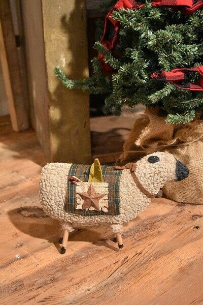 Primitive/Country Christmas SHEEP 8&quot;L X 5.5&quot;H w/Plaid and Tin Star - The Primitive Pineapple Collection