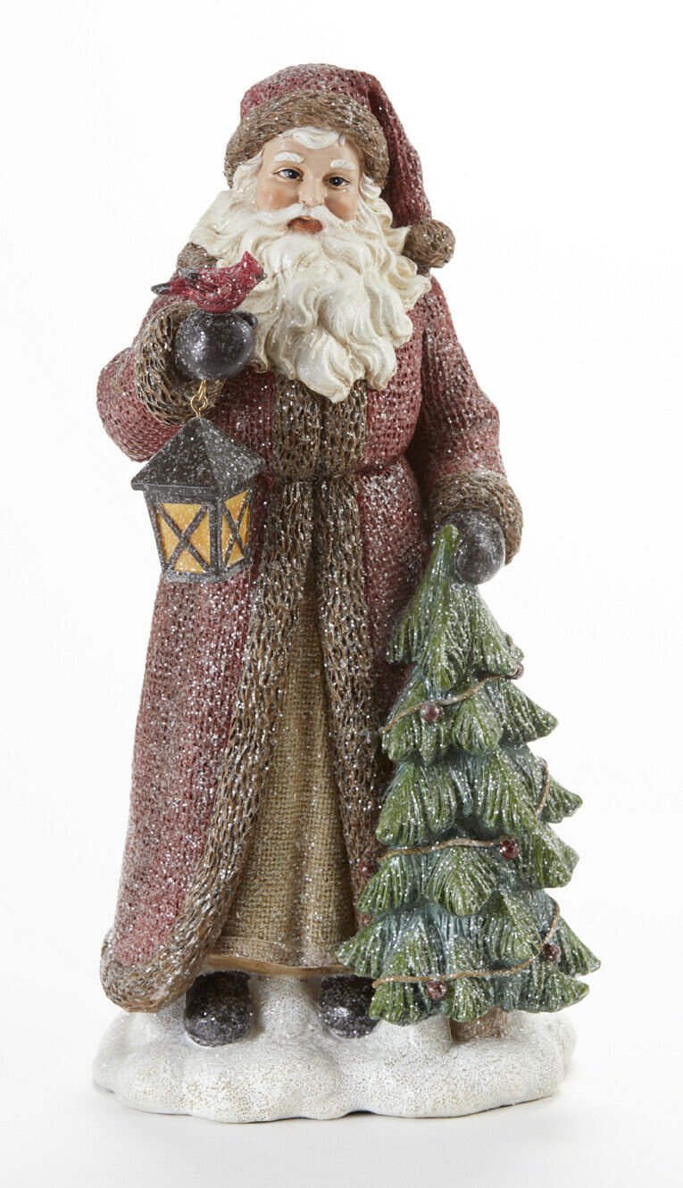 Primitive/Country Christmas 11.5&quot; Resin Santa w/ Tree &amp; Lantern - The Primitive Pineapple Collection