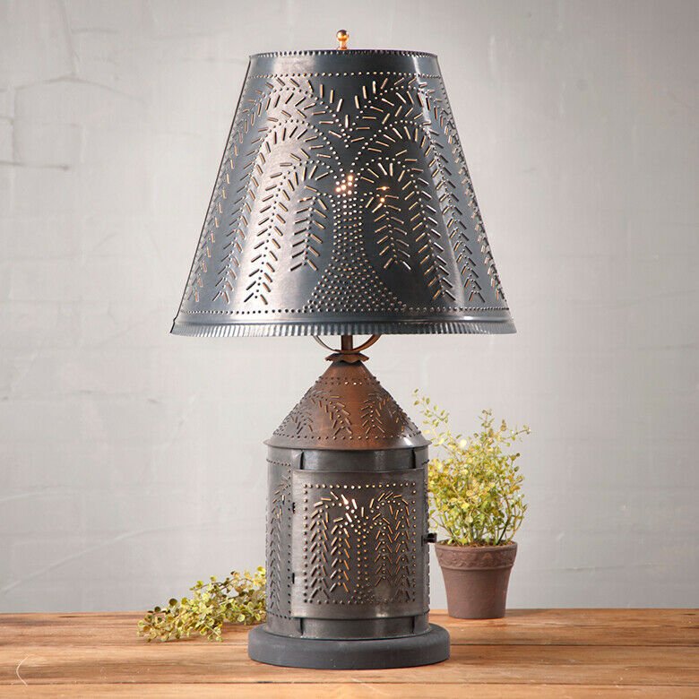 Primitive Country Tinware Fireside Lamp with Willow Shade Punched Tin - The Primitive Pineapple Collection