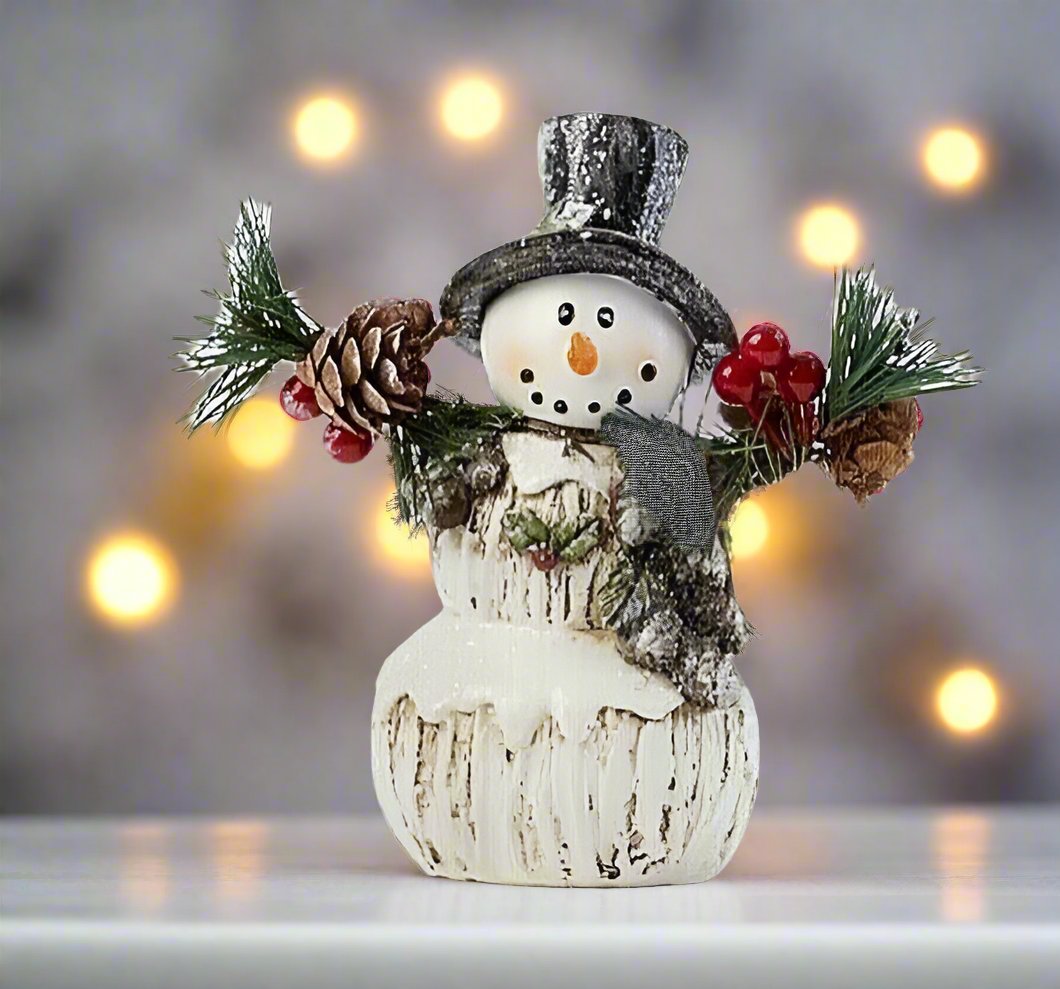 Primitive/Country Christmas 5.3&quot; Resin Pine Arm Snowman w/ Top Hat - The Primitive Pineapple Collection