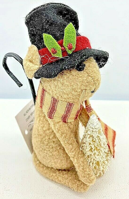 Primitive 4 &quot; Mouse with Tree ,scarf and Top hat Shelf Sitter Country - The Primitive Pineapple Collection