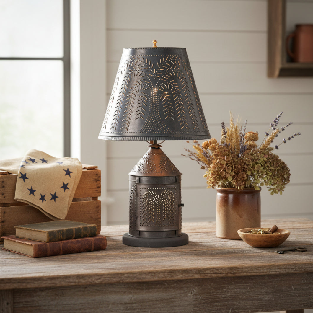 Primitive Country Tinware Fireside Lamp with Willow Shade Punched Tin - The Primitive Pineapple Collection