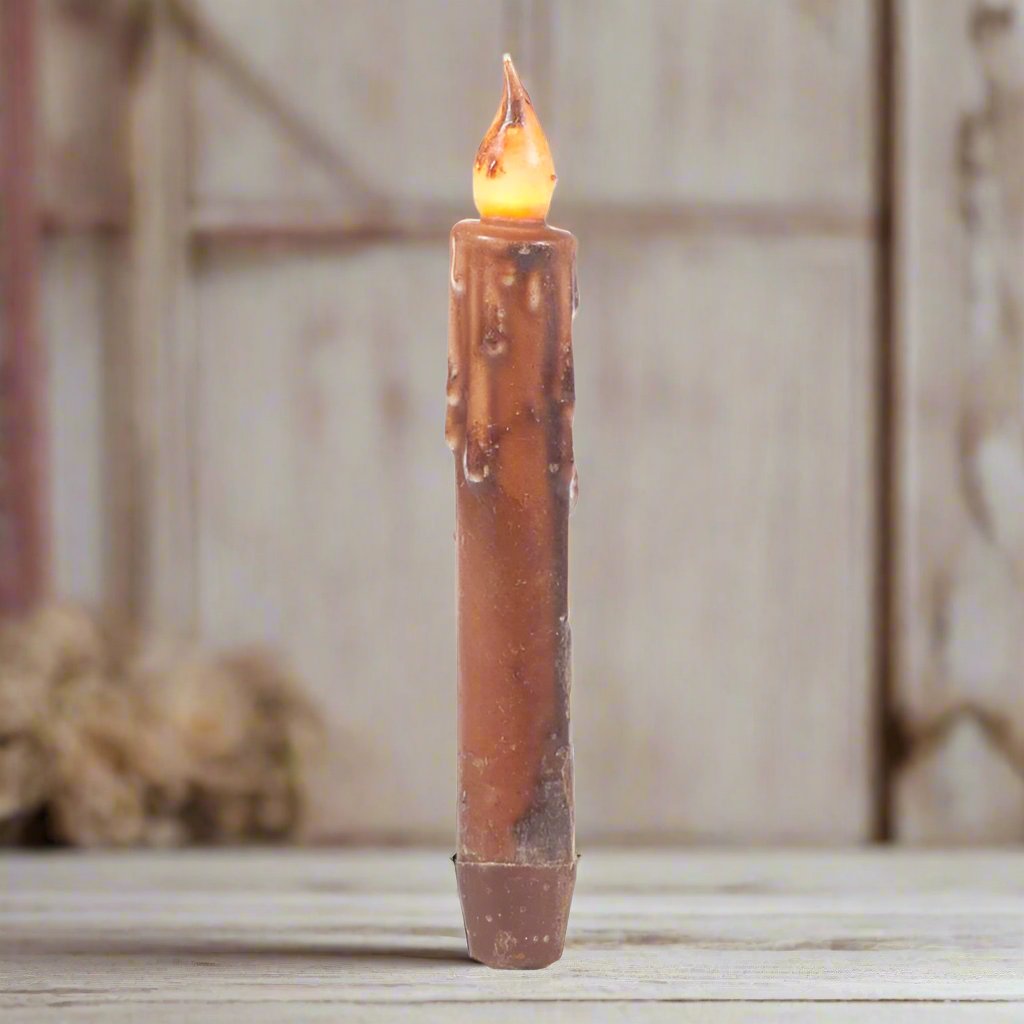 Primitive/Country Brown 7" Battery Operated Flameless Taper Candle W/ Timer - The Primitive Pineapple Collection