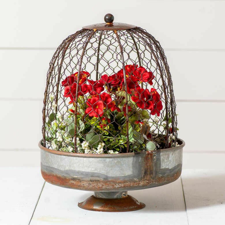 Farmhouse/Country Tin Chicken Wire Dome Planter Cottage - The Primitive Pineapple Collection