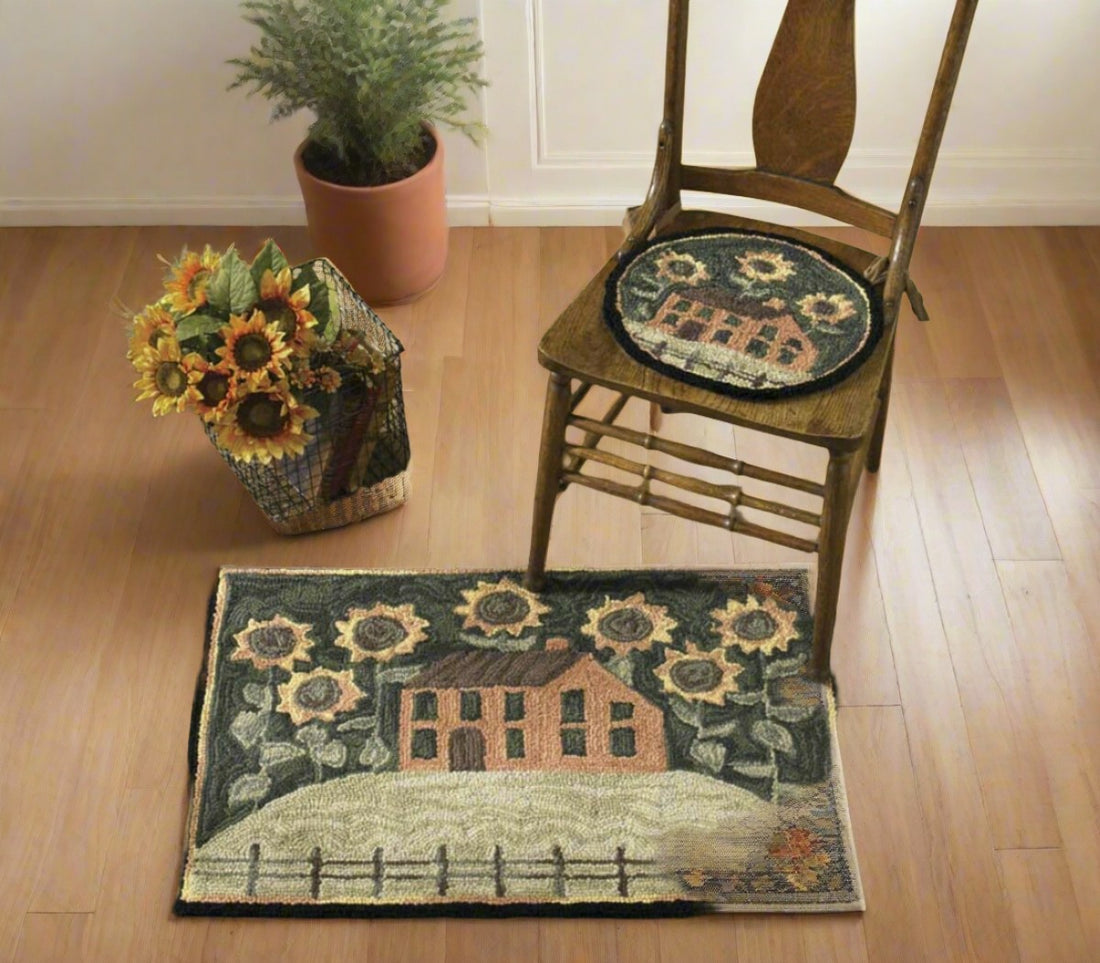 Primitive/Farmhouse House and Sunflower Hooked Accent Rug 2x3 - The Primitive Pineapple Collection