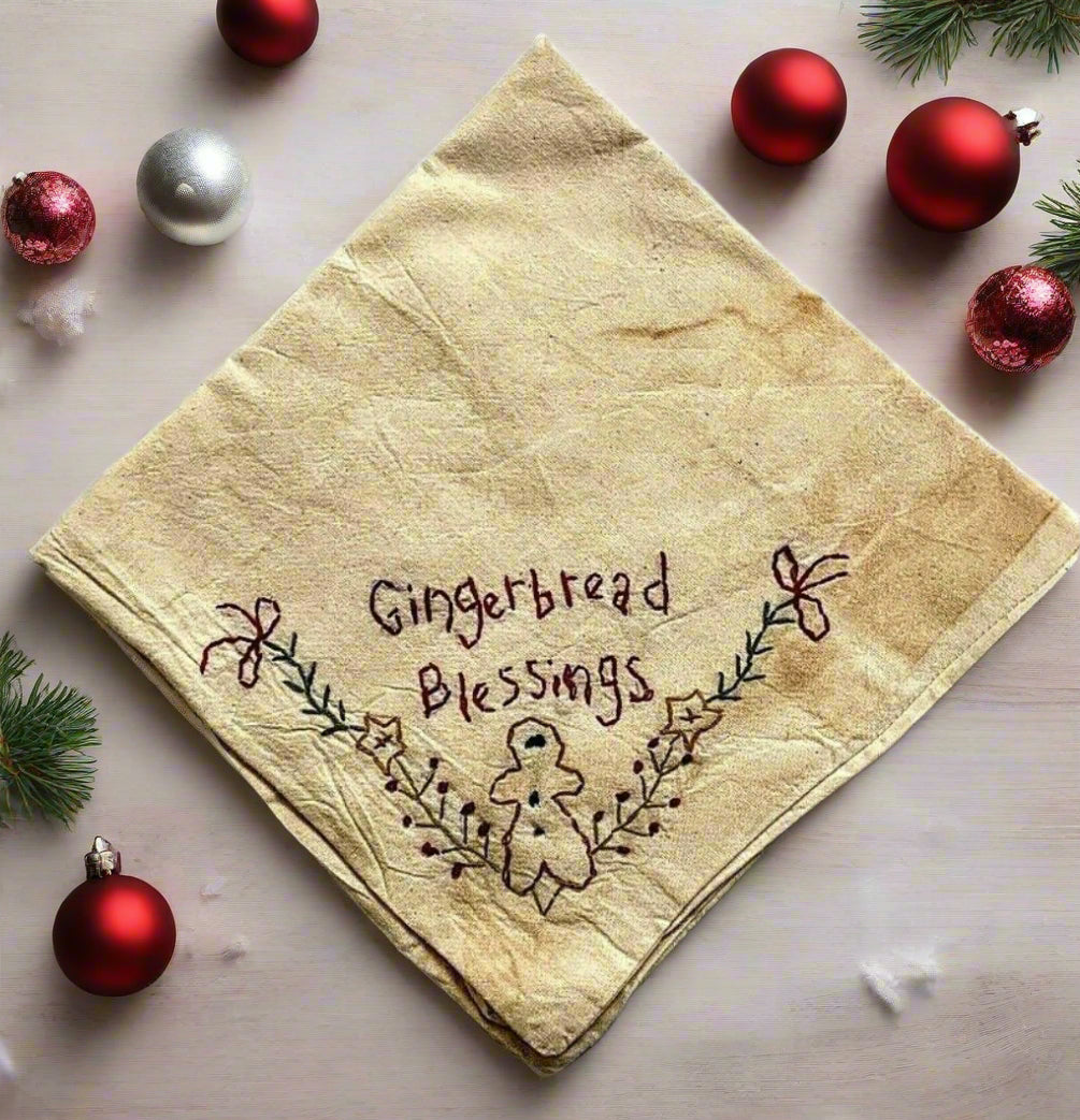 Primitive HandmadeTea Towel/Basket Liner Gingerbread Blessing - The Primitive Pineapple Collection