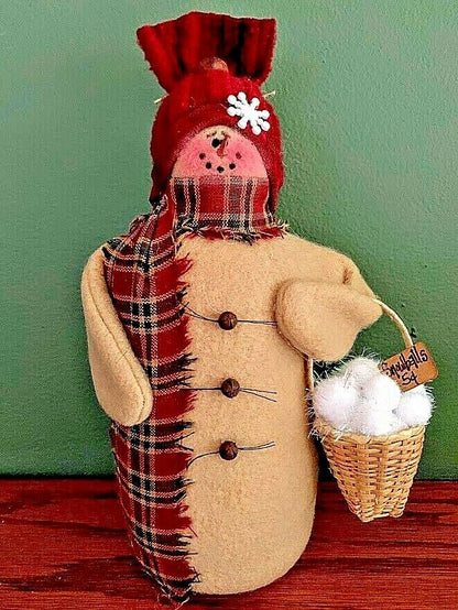 Primitive Grungy Handmade SNOWMAN w/ Snowball Basket Christmas/Winter 8&quot; - The Primitive Pineapple Collection