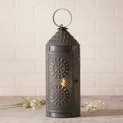 Primitive Country Punch Tin Electric 18-Inch Chimney Lantern Black - The Primitive Pineapple Collection
