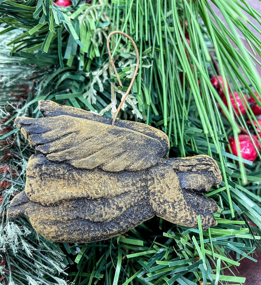 Primitive Christmas Handmade Blackened Beeswax Flying Angel Ornament - The Primitive Pineapple Collection