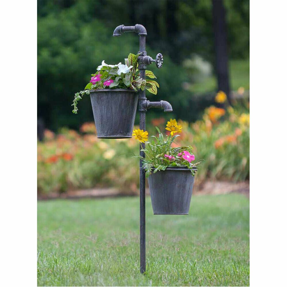 Farmhouse/Cottage Metal Faucet Garden Stake with Two Planters - The Primitive Pineapple Collection