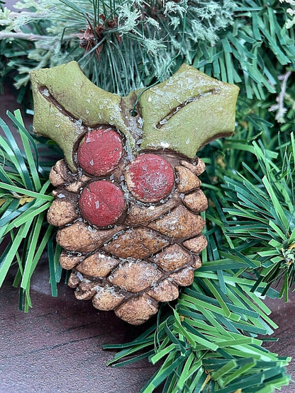 Primitive Christmas 3.5 “ Handmade Hanging Pinecone and Holly Ornie - The Primitive Pineapple Collection