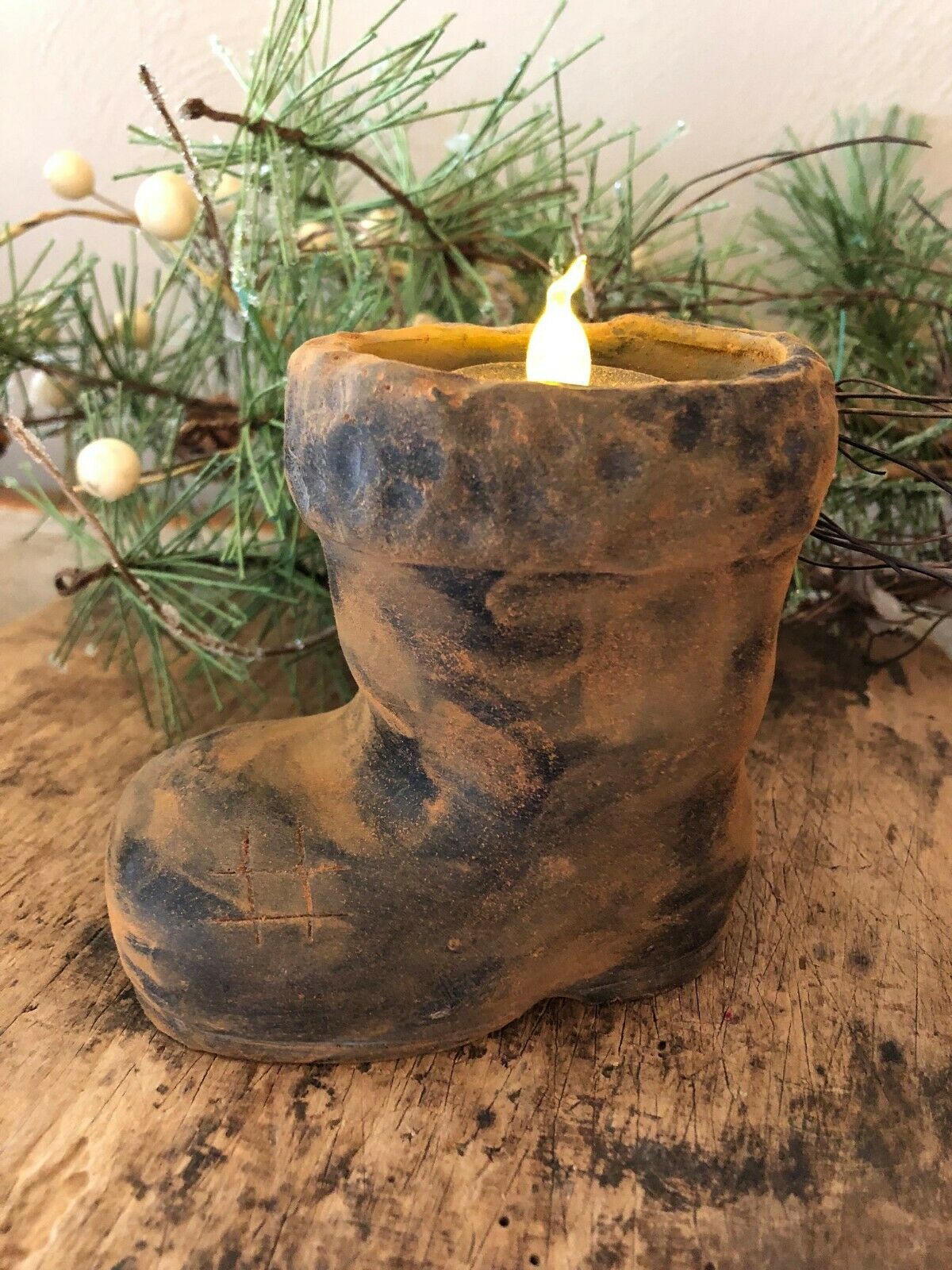 Primitive Christmas Blackened Beeswax Santa Boot Flicker Light - The Primitive Pineapple Collection