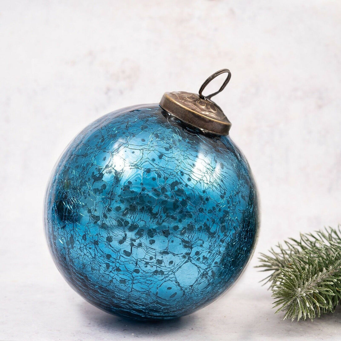 Christmas Handmade 6 “ XL Teal Crackle Handblown Glass Ball ornament - The Primitive Pineapple Collection