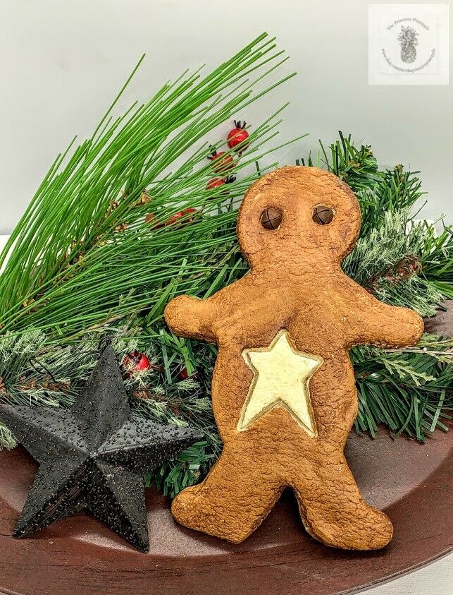 Handmade 6” Primitive Gingerbread Boy w/ Star Rusty Bells Bowl Filler - The Primitive Pineapple Collection