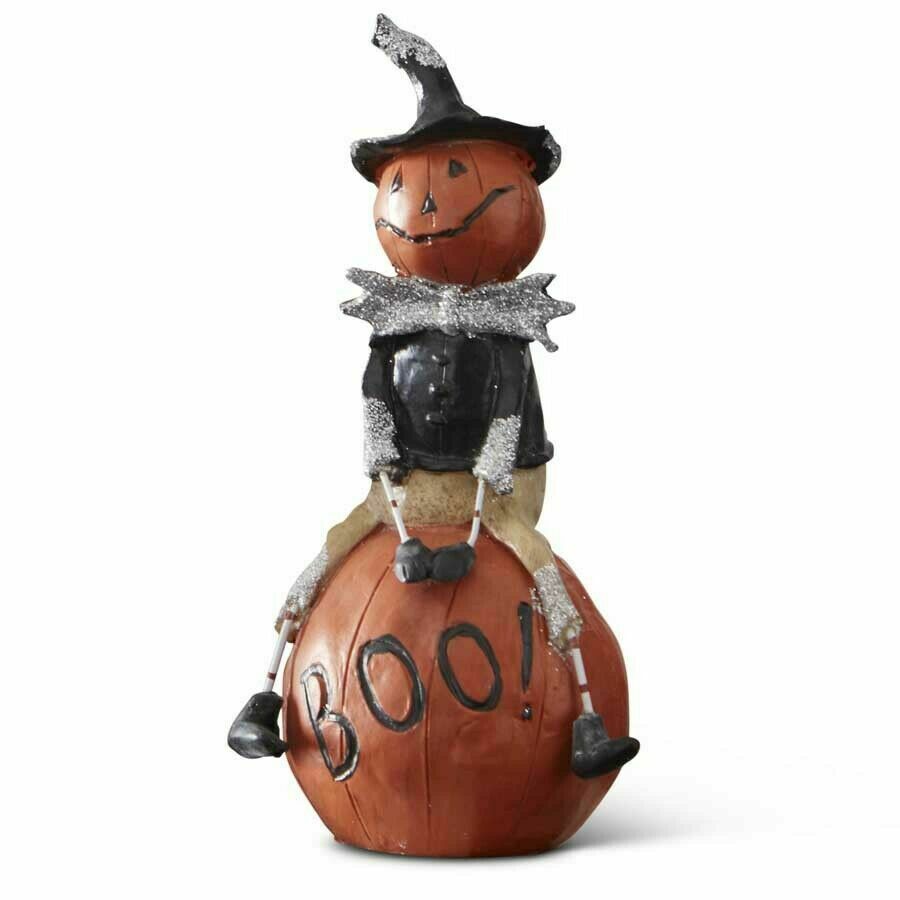 Halloween Folk Art Jolly Pumpkin Man Figurine Sitting on a Boo Pumpkin - The Primitive Pineapple Collection