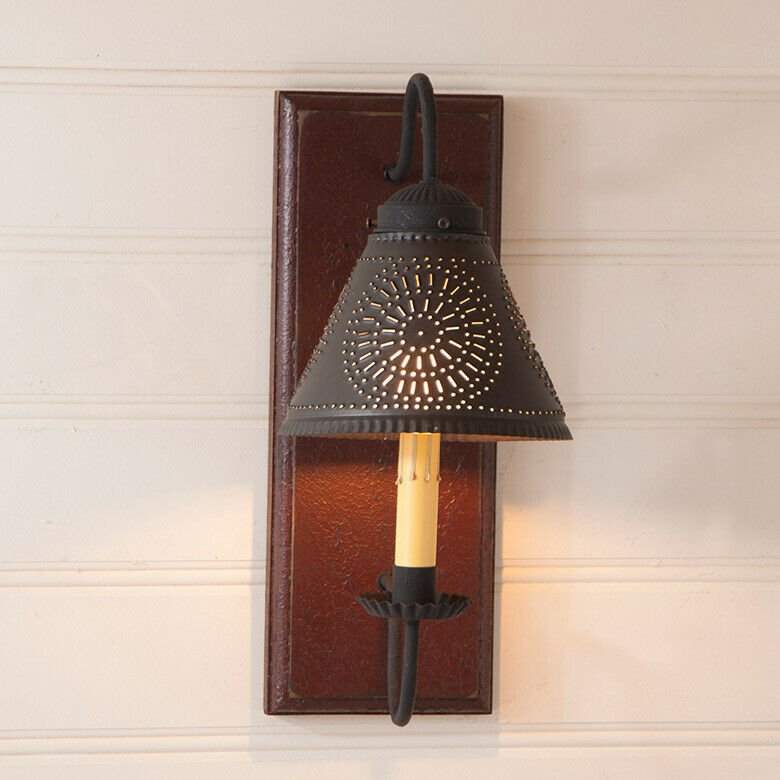 Primitive/Colonial Punched Tin Crestwood Wood wall Sconce Light Plantation Red - The Primitive Pineapple Collection