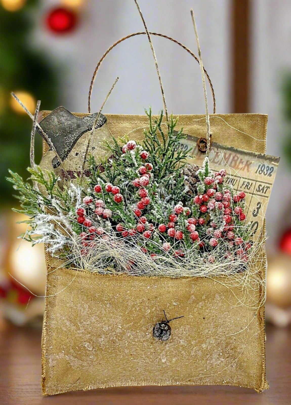 Primitive Christmas Handmade Hanging Snowman Pocket Greens Berries 8”x7&quot; - The Primitive Pineapple Collection