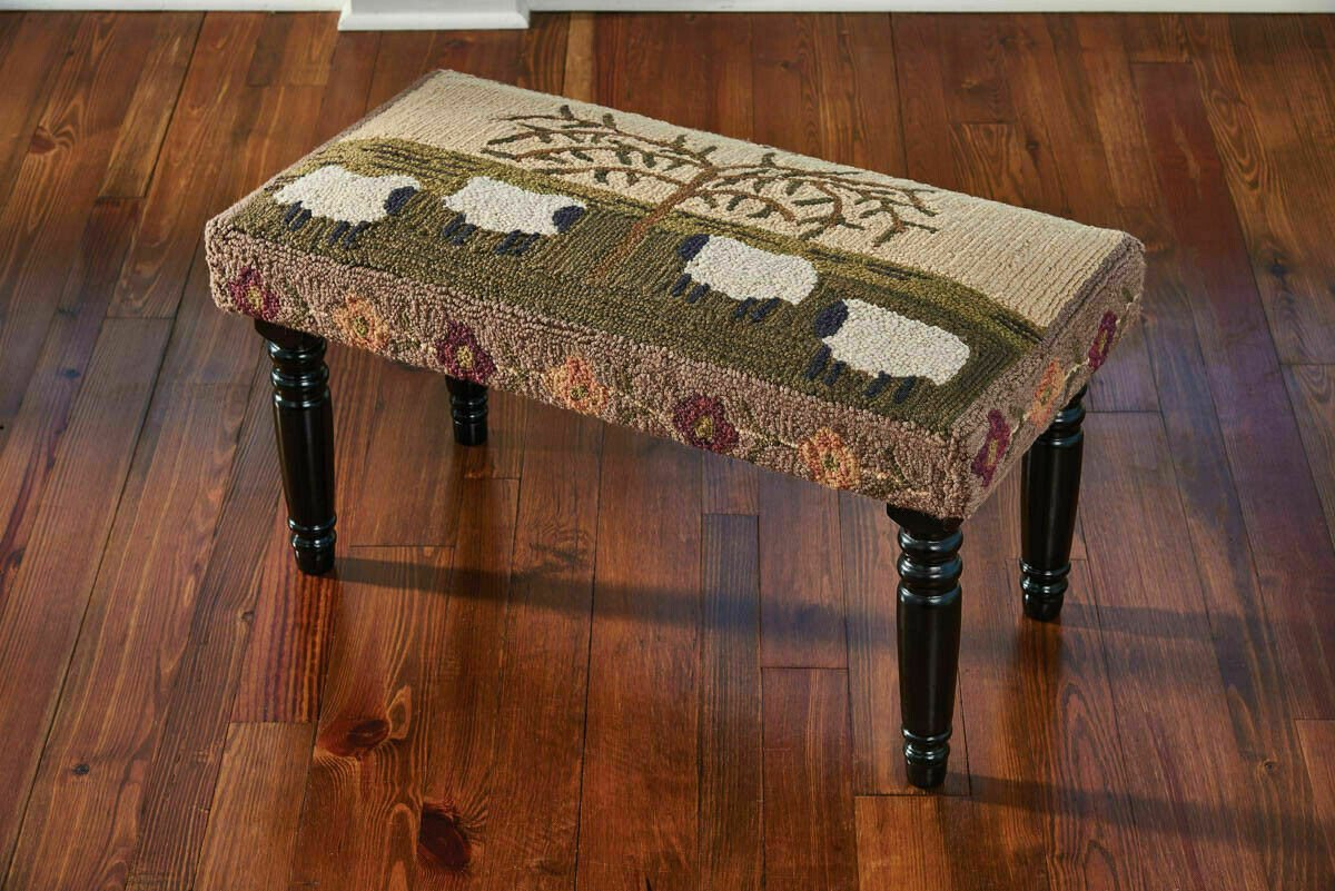Primitive/Colonial Rug Hooked Wood Willow &amp; Sheep Hooked Bench - The Primitive Pineapple Collection