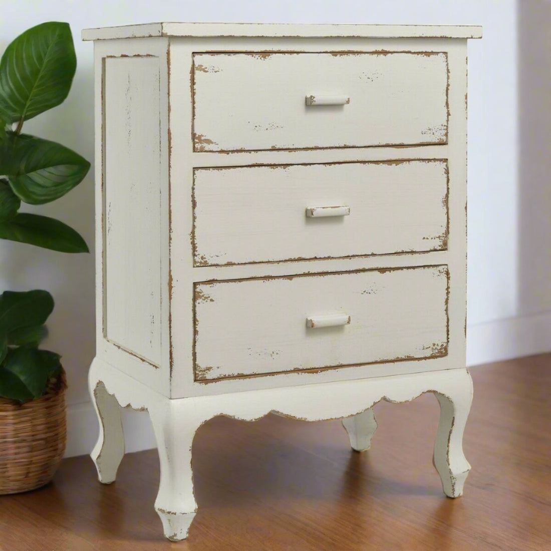 Primitive Distressed White 3 Drawer Cupboard Nightstand Farmhouse - The Primitive Pineapple Collection