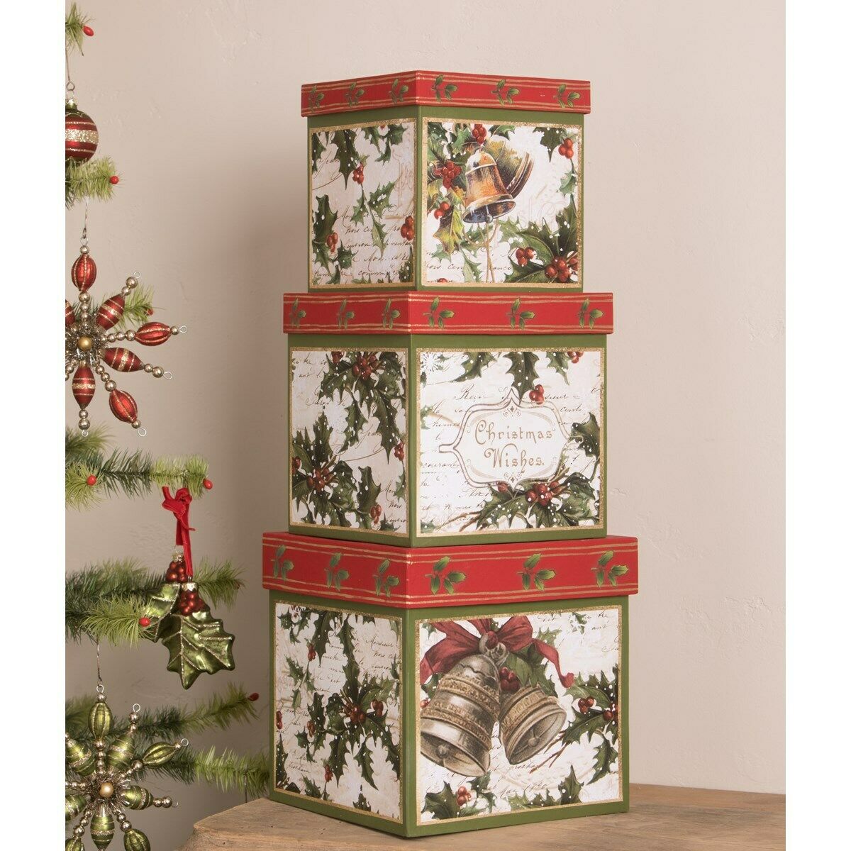 Bethany Lowe Christmas 3pc Holly Stacking Boxes Santa - The Primitive Pineapple Collection