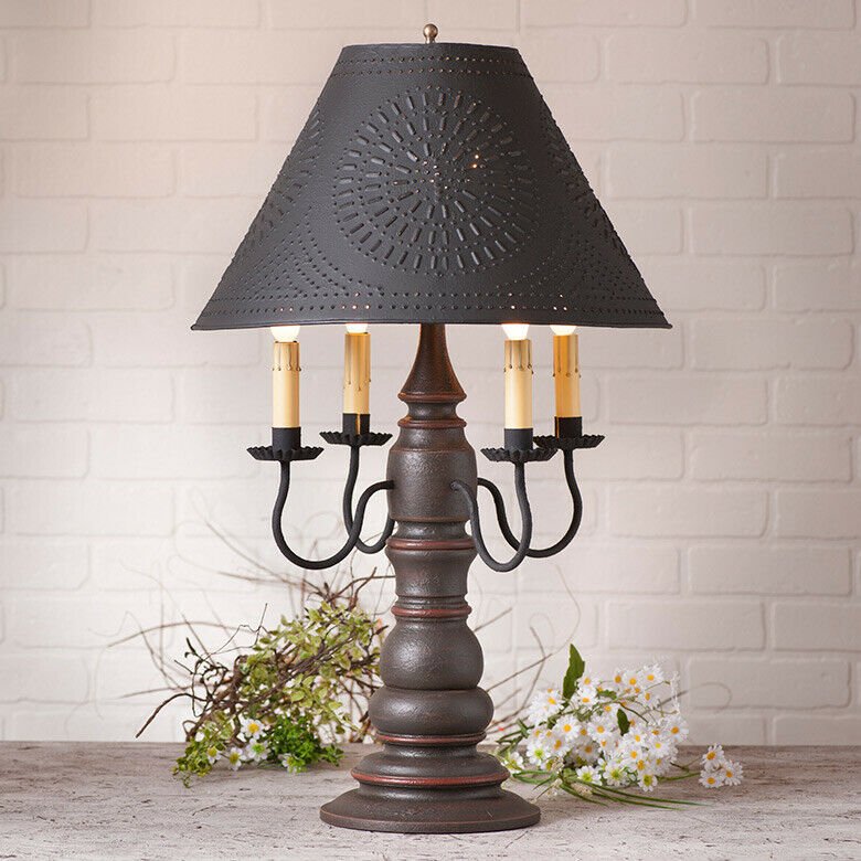 Country large BRADFORD Espresso wood table lamp w/Black punch shade - The Primitive Pineapple Collection