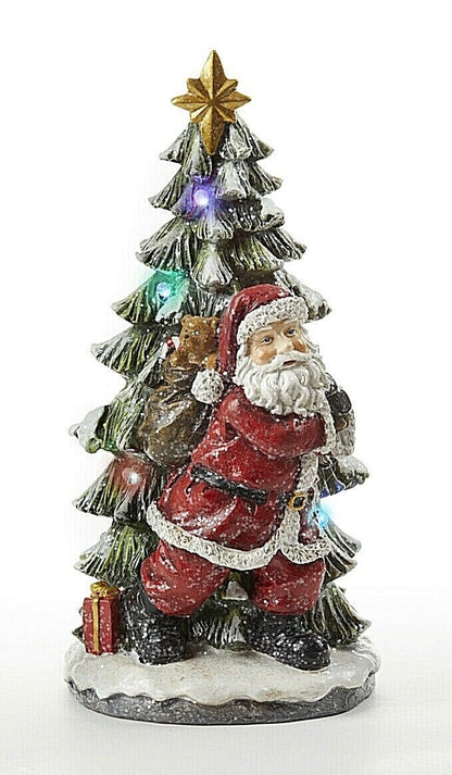 Christmas Light Up Resin 10” Santa Claus w/ Christmas Tree figurine. - The Primitive Pineapple Collection