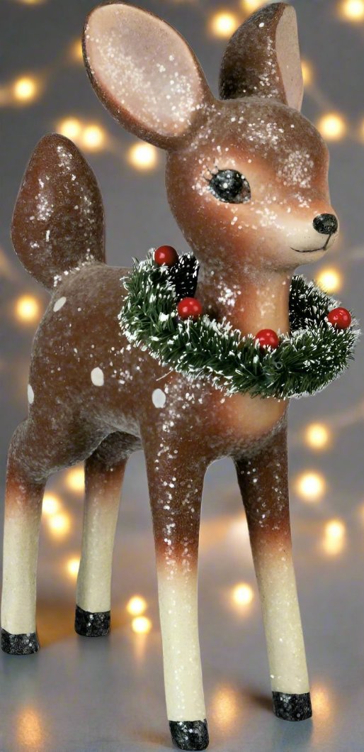 Primitive Retro Look Christmas Reindeer w/ Bottle Brush Wreath 9.25" - The Primitive Pineapple Collection