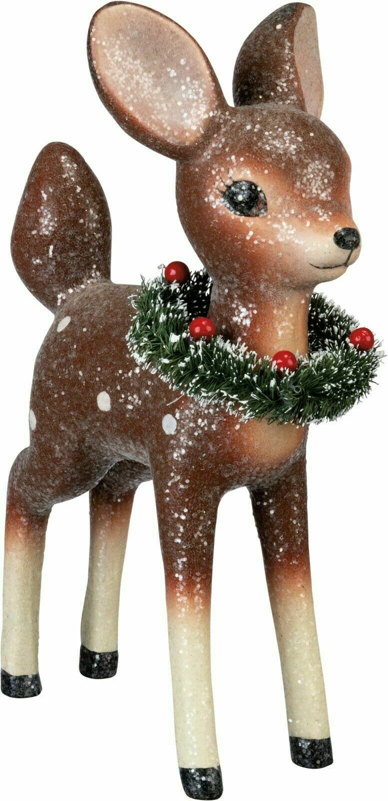 Primitive Retro Look Christmas Reindeer w/ Bottle Brush Wreath 9.25&quot; - The Primitive Pineapple Collection