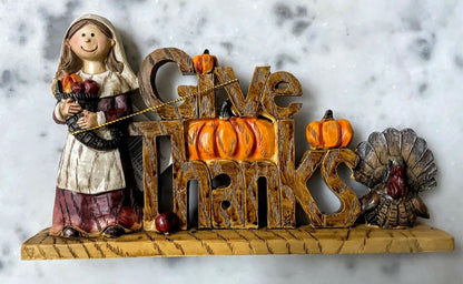 Farmhouse/Country Fall Pilgrim Give Thank of Happy Harvest Tabletop Sign 3” x 4&quot; - The Primitive Pineapple Collection