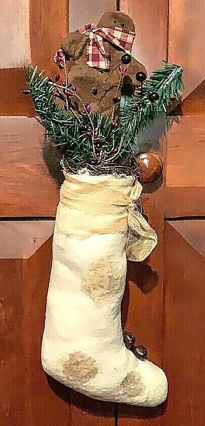 Primitive Stocking w/ Gingerbread Boy Greens/Berries Ornie Christmas/Holiday - The Primitive Pineapple Collection