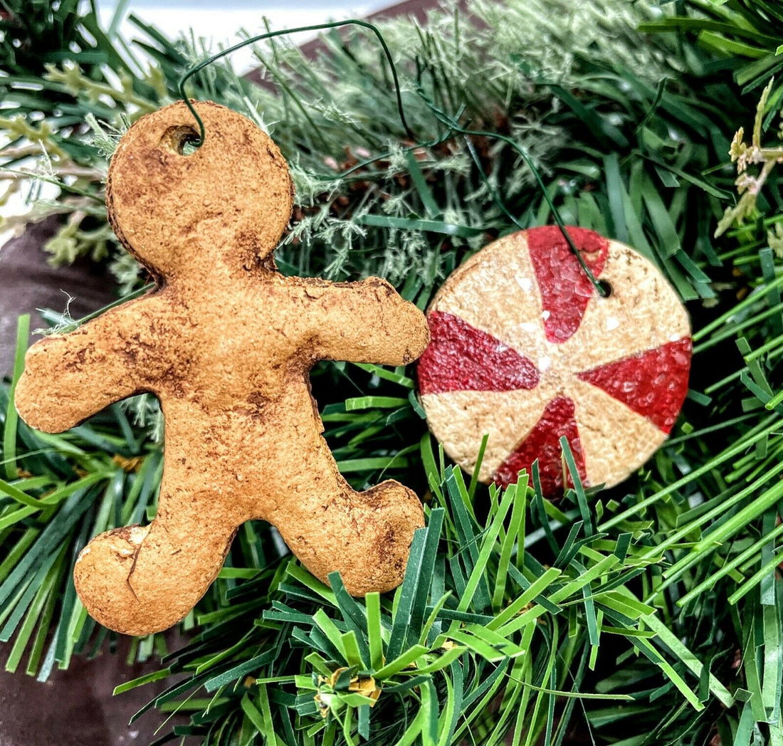 Primitive Christmas Gingerbread Man Candy Cane 2pc Ornie Handmade - The Primitive Pineapple Collection