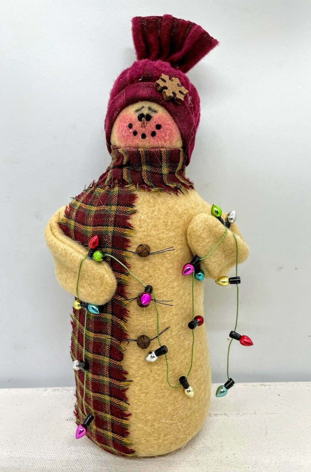 Primitive/Country Handmade Red Deck the Halls 8.75&quot; Snowman w/ Christmas Lights - The Primitive Pineapple Collection