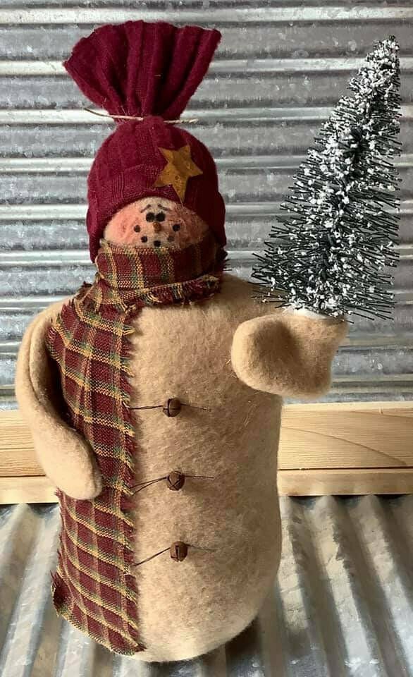 Primitive/Country Handcrafted Sammy The Snowman W/Bottle Brush Tree 8.75" - The Primitive Pineapple Collection