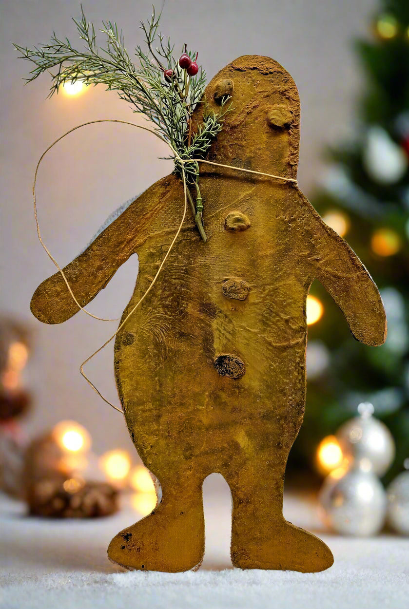 Primitive Christmas Wax dipped Cinnamon Dusted Gingerbread Man w/ Greens 13" - The Primitive Pineapple Collection