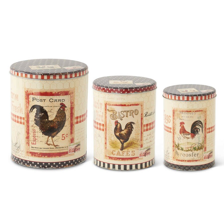 Primitive/Farmhouse 3 pc Cream and Black Round Rooster Tins - The Primitive Pineapple Collection