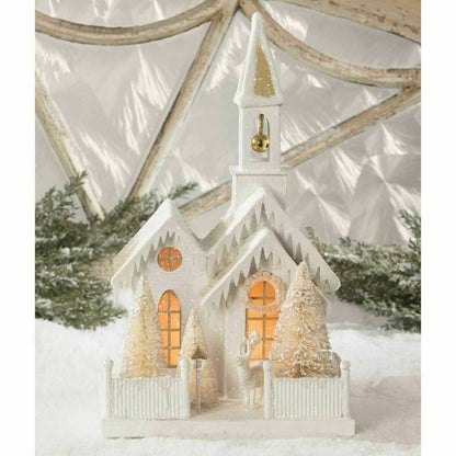 Bethany Lowe 16&quot; Christmas Peaceful Church Bottle w/ Brush Tree LC9581 - The Primitive Pineapple Collection