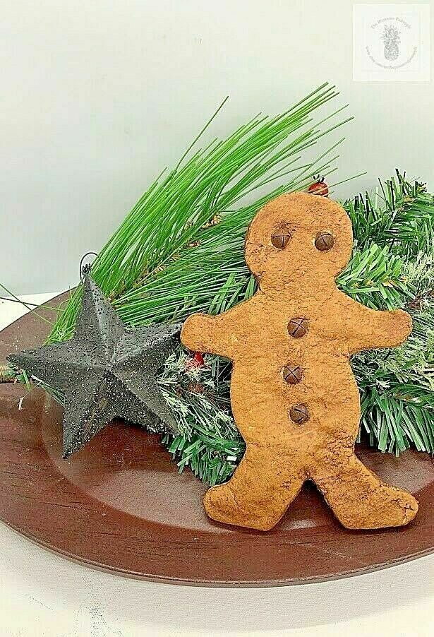 Primitive Christmas Handmade Gingerbread Boy Rusty Bells Hanging - The Primitive Pineapple Collection