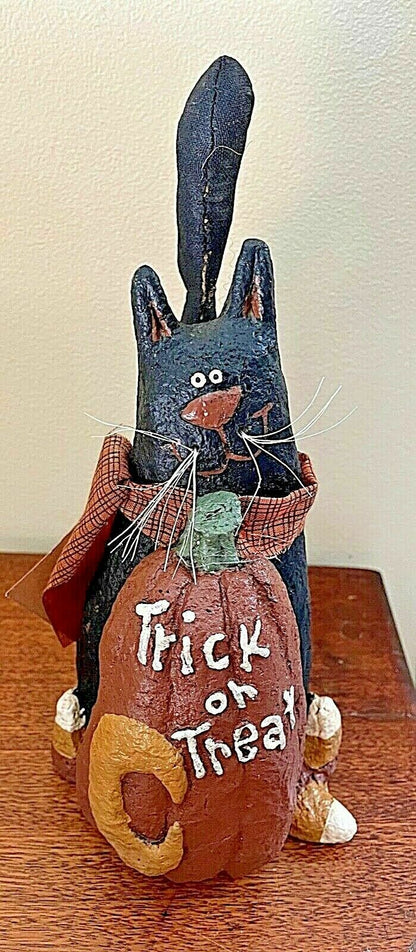 Primitive Halloween/Fall Trick or Treat Black Cat w/ Pumpkin Retro 7.25&quot; - The Primitive Pineapple Collection