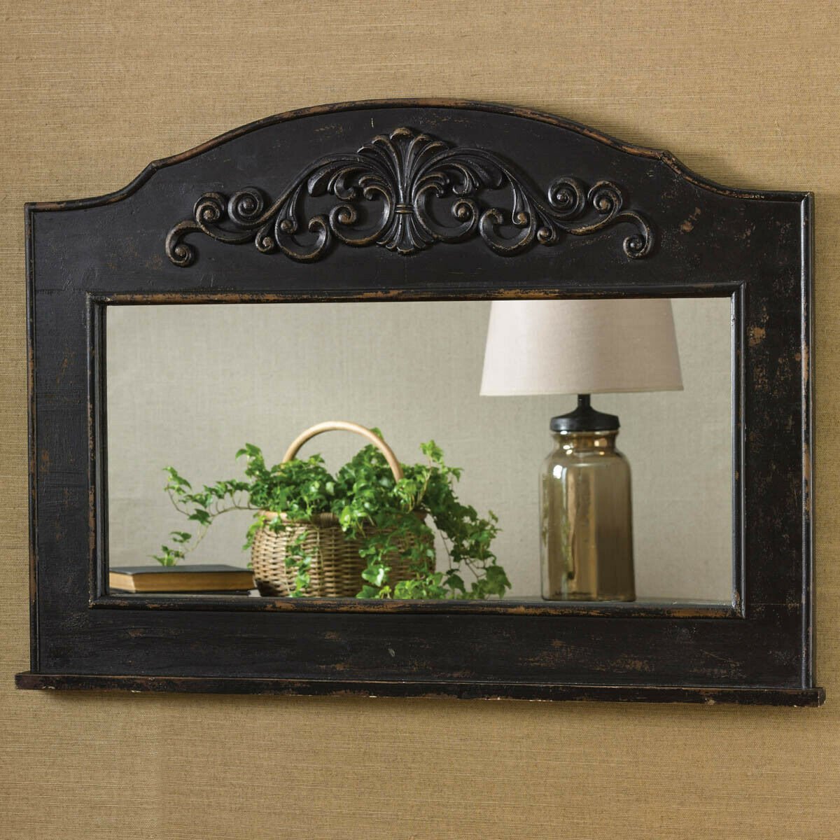 Primitive/Country Distressed Black Mantle Mirror Farmhouse - The Primitive Pineapple Collection
