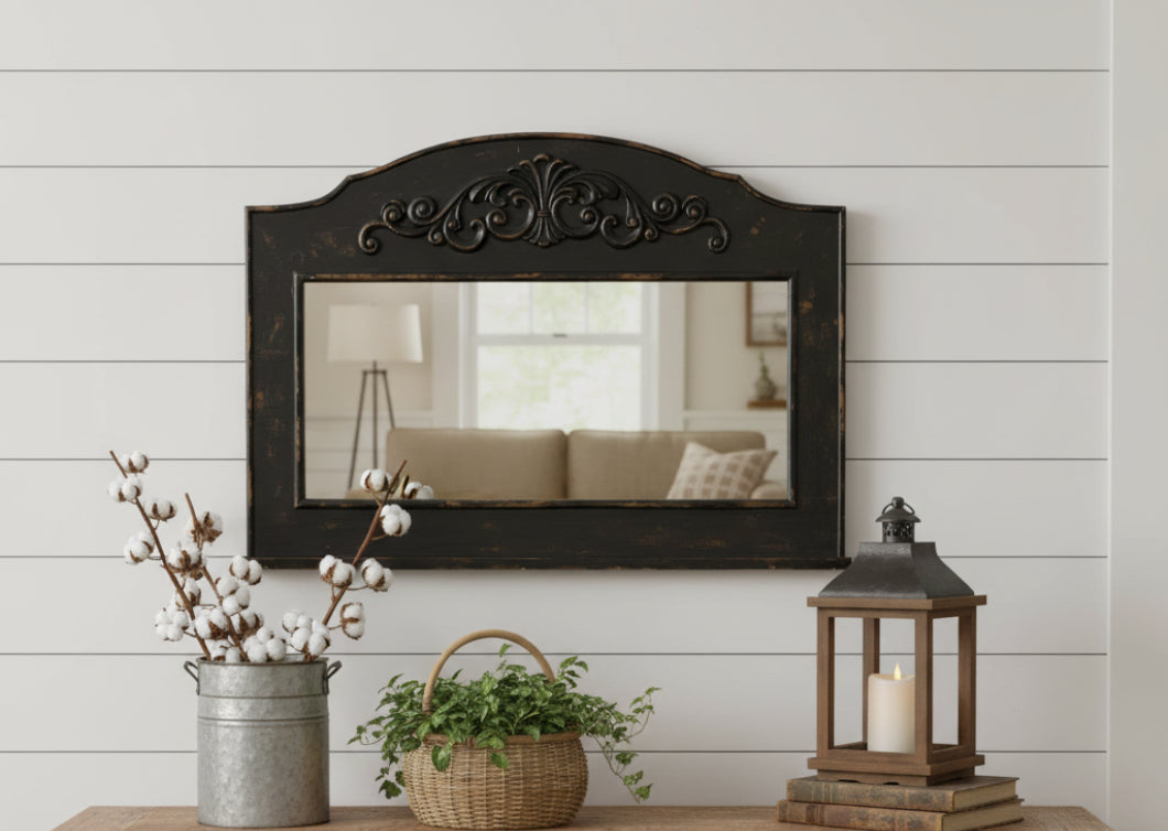 Primitive/Country Distressed Black Mantle Mirror Farmhouse - The Primitive Pineapple Collection